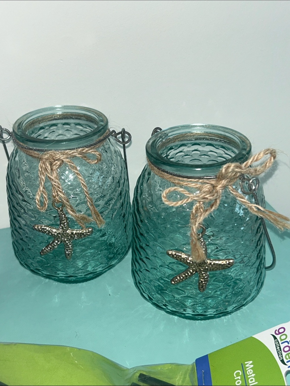 Aqua Glass Starfish Lantern Set with Lavender Candles & Metal Garden Hooks New - Picture 3 of 6